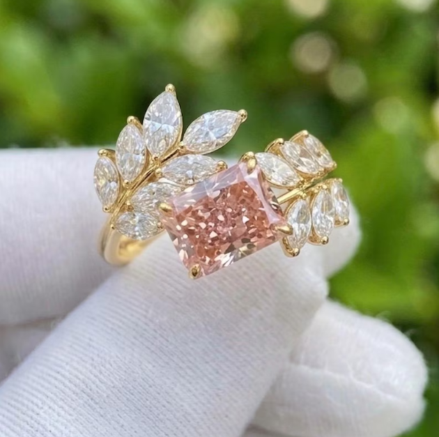 2 CT Radiant Cut Pink Lab Grown Diamond Engagement Ring | IGI Certified | Marquise Leaf Branch Ring | Nature Inspired Toi Et Moi Bypass Ring