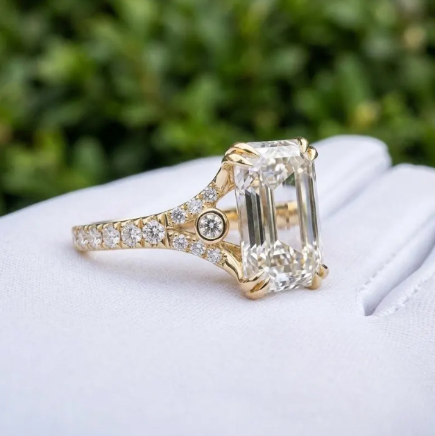 E VVS2/VS1 IGI Certified Emerald Cut LabGrown Diamond Engagement Ring | 1CT to 4CT Emerald Diamond Ring | Vintage Inspired Pave Diamond Ring