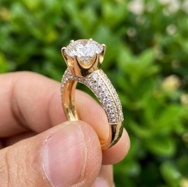 2CT E VVS2/VS1 Round Lab Grown Diamond Engagement Ring | IGI Certified Gold Pave Band | Hidden Halo Diamond Ring | Bridal Ring
