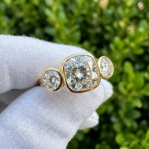 3CTW Carat Cushion Cut E VVS2/VS1 Lab Grown Diamond 3 Stone Ring | IGI Certified 2.00 Center | Bezel Set Engagement Ring | Gold Bridal Ring