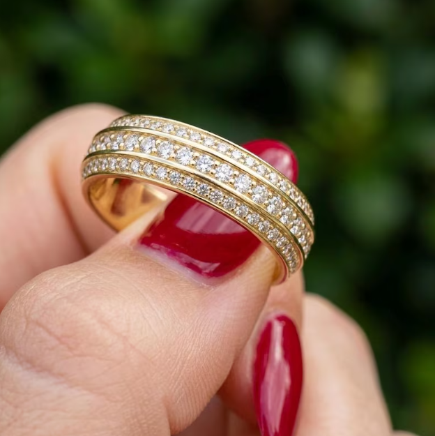 6mm Wide Gold Pave Band, Triple Row Micro Pave Ring, Chunky Labgrown Diamond Wedding Band, Heavy Gold Statement Ring, Gold Multi Row Ring