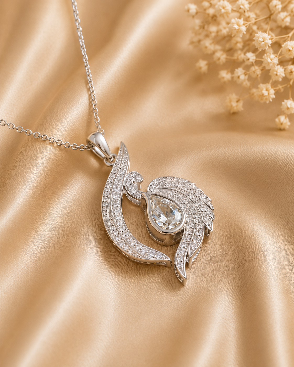Pear Cut Diamond Swan Pendant Necklace | 18K Yellow Gold Elegant Jewelry