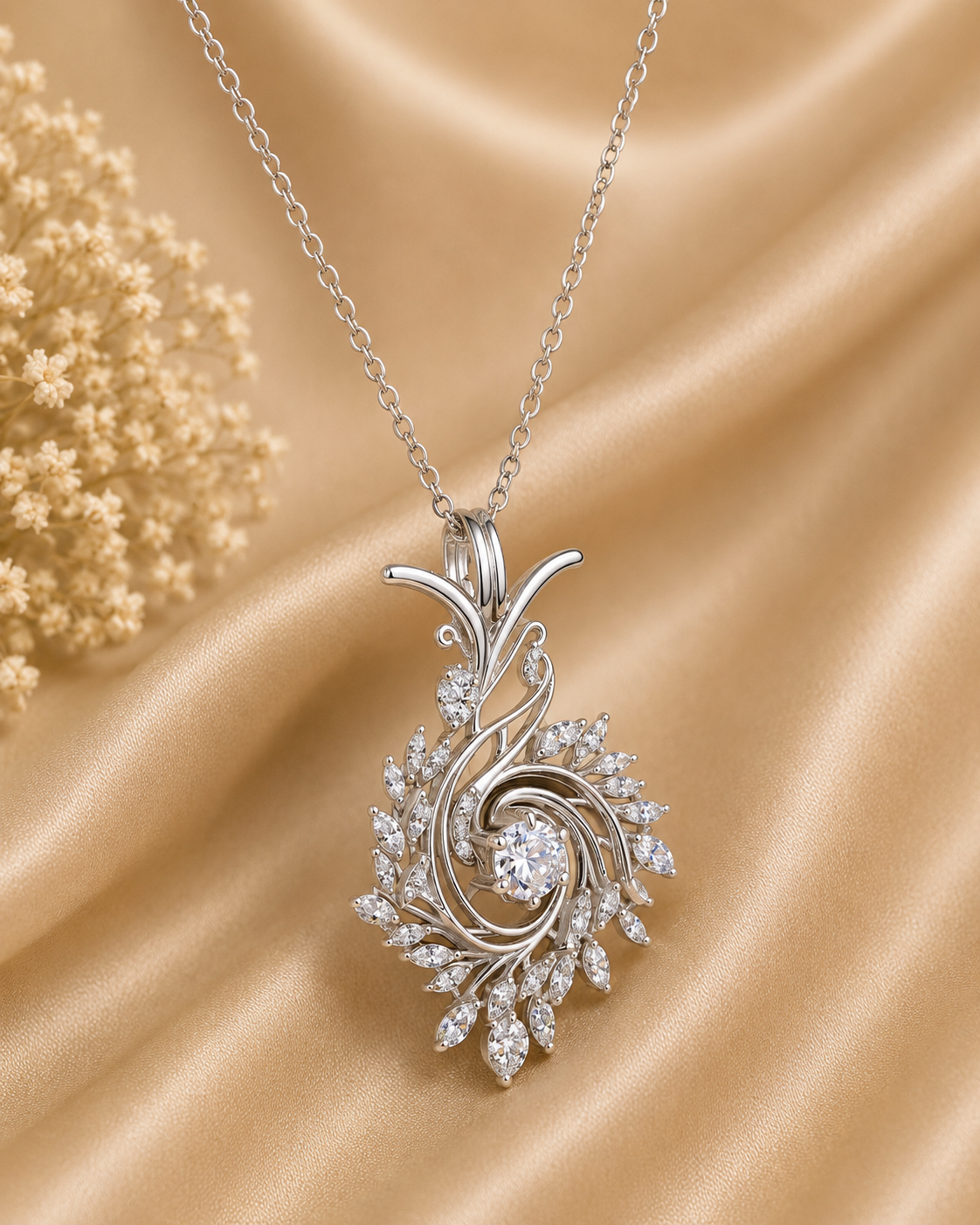 Round Diamond Pendant Necklace | 18K Yellow Gold Leaf Design, Nature Inspired Fine Jewelry