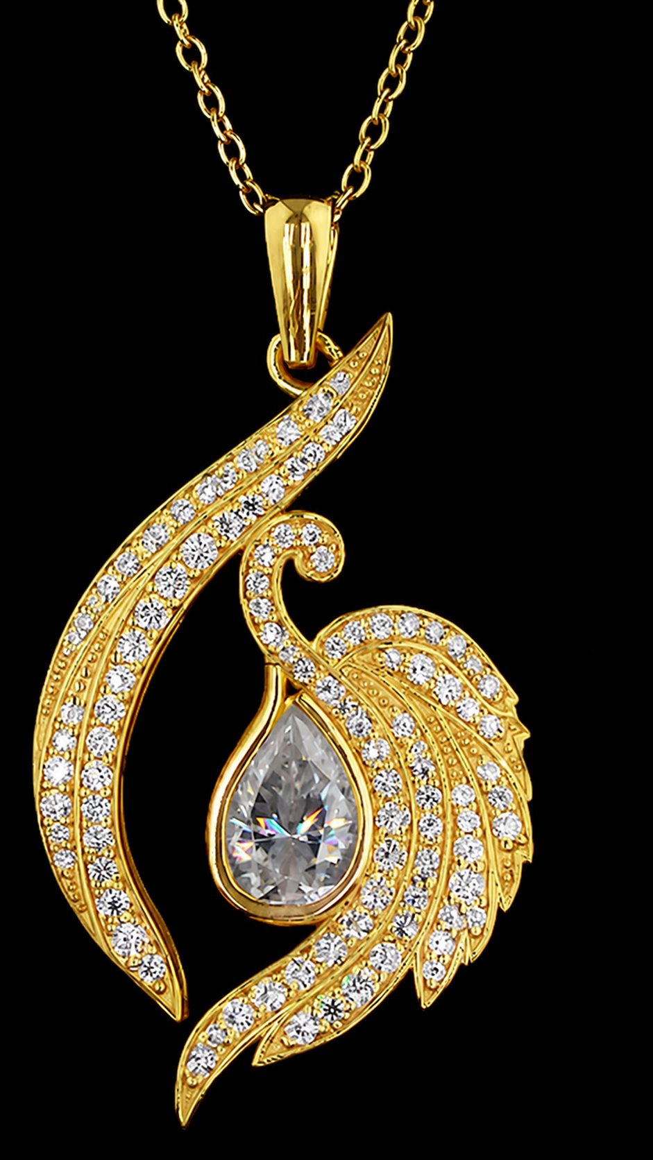 Pear Cut Diamond Swan Pendant Necklace | 18K Yellow Gold Elegant Jewelry