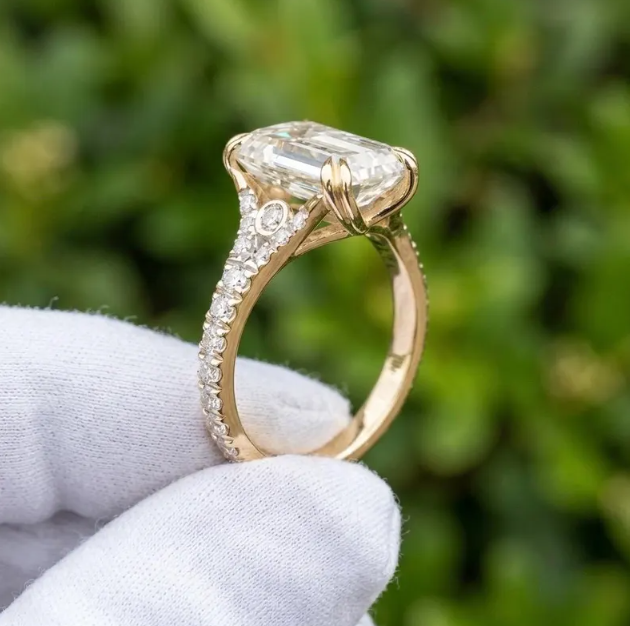 E VVS2/VS1 IGI Certified Emerald Cut LabGrown Diamond Engagement Ring | 1CT to 4CT Emerald Diamond Ring | Vintage Inspired Pave Diamond Ring