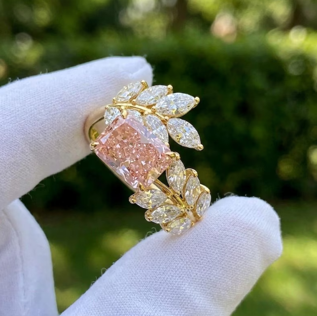 2 CT Radiant Cut Pink Lab Grown Diamond Engagement Ring | IGI Certified | Marquise Leaf Branch Ring | Nature Inspired Toi Et Moi Bypass Ring