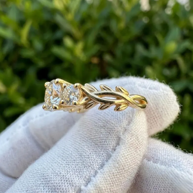 2.30 TCW Round Brilliant Lab Grown Diamond Ring, Three Stone Yellow Gold Engagement Ring, Vintage Ornate Filigree Band, Trilogy Diamond Ring