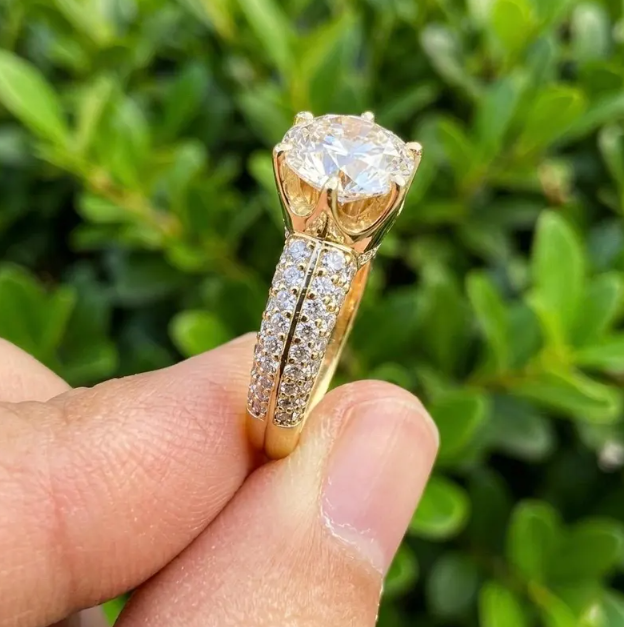 2CT E VVS2/VS1 Round Lab Grown Diamond Engagement Ring | IGI Certified Gold Pave Band | Hidden Halo Diamond Ring | Bridal Ring