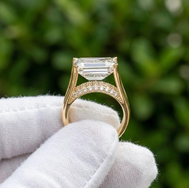 Emerald Cut E VVS2/VS1 Lab Grown Diamond Engagement Ring, 2ct - 4ct IGI Certified Lab Diamond, Floating Solitaire Pave Band