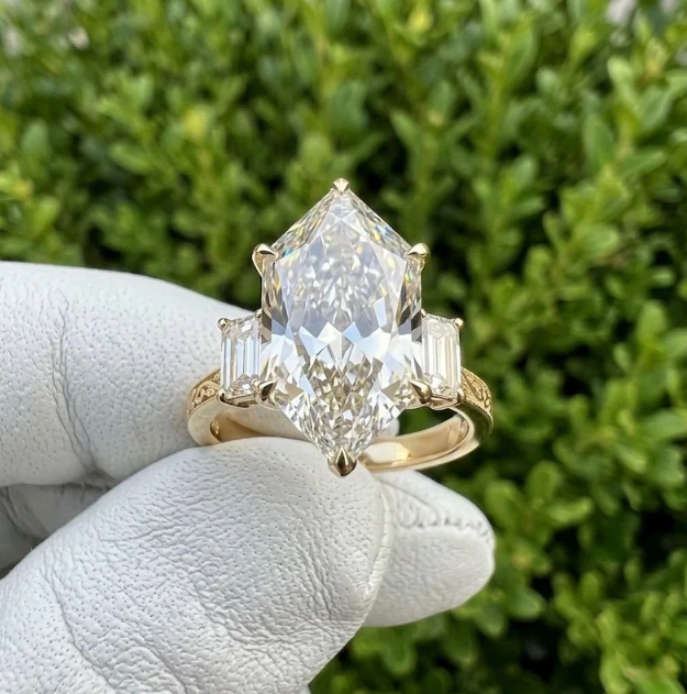4 CT Dutch Marquise Cut Lab Grown Diamond Ring IGI Certified | Three Stone Engagement Ring with 1.50 CT Lab Grown Emerald Cut Side Diamonds