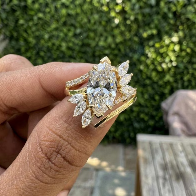 3CT Marquise Cut E VVS2/VS1 Lab Grown Diamond Engagement Ring Set, Asymmetrical Cluster Wedding Band, Gold Unique Bridal Set, IGI Certified
