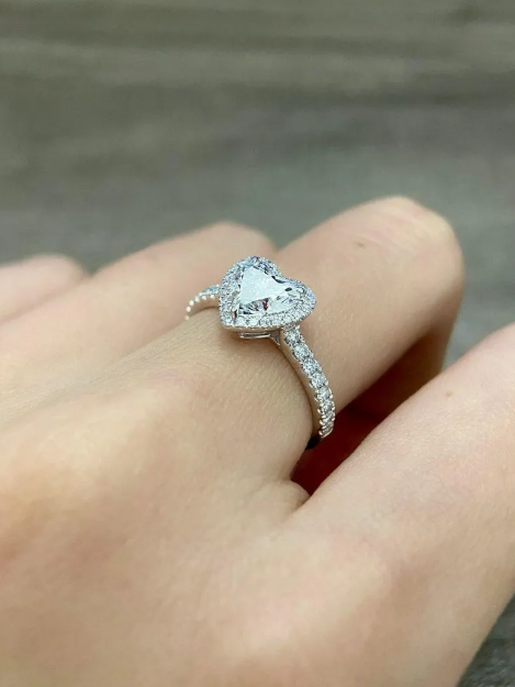 3CT Heart Shape Moissanite Diamond Engagement Ring, Halo Heart Diamond Ring, Romantic Proposal Ring, White Gold Promise Ring