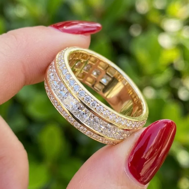 Luxury 7MM width Princess Cut Lab Grown Diamond Eternity Band, 3/4 Triple Row Diamond Wedding Ring, Channel Set Gold Anniversary Band