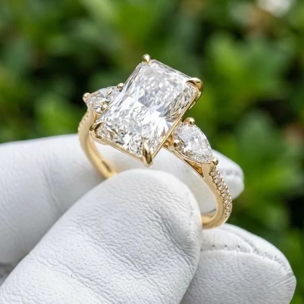 3 CT Radiant Cut E VVS2/VS1 Lab Grown Diamond Engagement Ring, IGI Certified Radiant Diamond Ring, Pear Side Stone Ring, Three Stone Ring