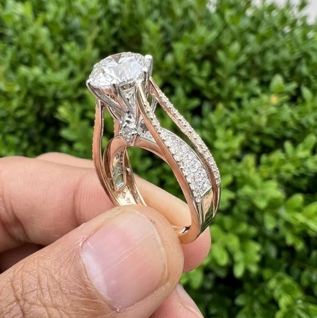 3CT Round E VVS2/VS1 Lab Grown Diamond Engagement Ring, 14K Two Tone Gold Triple Row Split Shank Ring, IGI Certified Diamond Ring