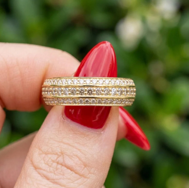 6mm Wide Gold Pave Band, Triple Row Micro Pave Ring, Chunky Labgrown Diamond Wedding Band, Heavy Gold Statement Ring, Gold Multi Row Ring