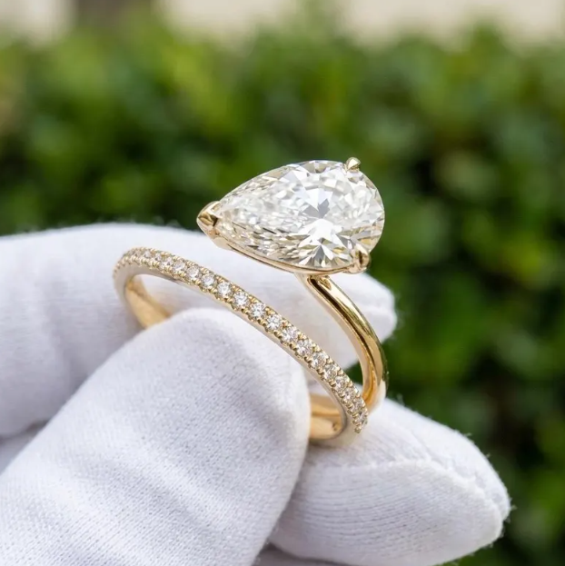 2-3 CT IGI Certified E VVS2/VS1 Pear Shape Lab Grown Diamond Engagement Ring | Bypass Pavé Band | 10k 14k 18k Gold or Platinum or silver