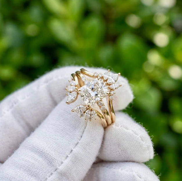3 Ring Radiant Cut E VVS2/VS1 LabGrown Diamond Bridal Set | IGI Certified 3CT Radiant Engagement Ring Set | Crown Marquise Wedding Band