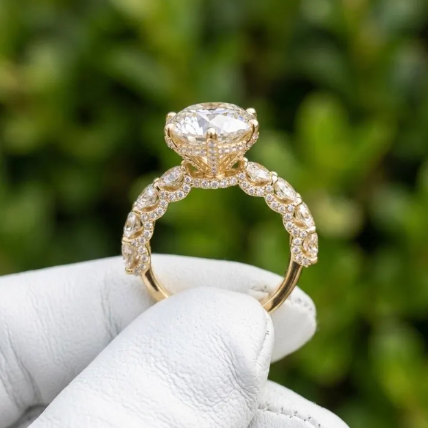 3.00 CT Round Brilliant Cut E VVS2/VS1 Lab Grown Diamond Ring, IGI Certified, Gold Hidden Halo Engagement Ring, Round Pave Anniversary Ring