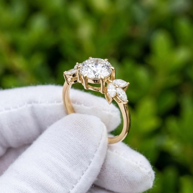 E VVS2/VS1 IGI Certified 2CT to 5CT Round Cut Lab Grown Diamond Engagement Ring | 6 Marquise Side Stones | Floral Leaf Inspired Bridal Ring