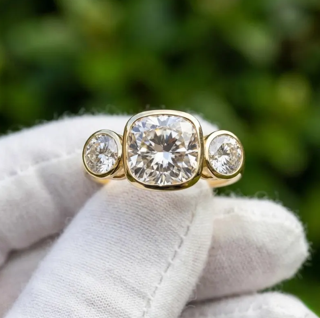 3CTW Carat Cushion Cut E VVS2/VS1 Lab Grown Diamond 3 Stone Ring | IGI Certified 2.00 Center | Bezel Set Engagement Ring | Gold Bridal Ring