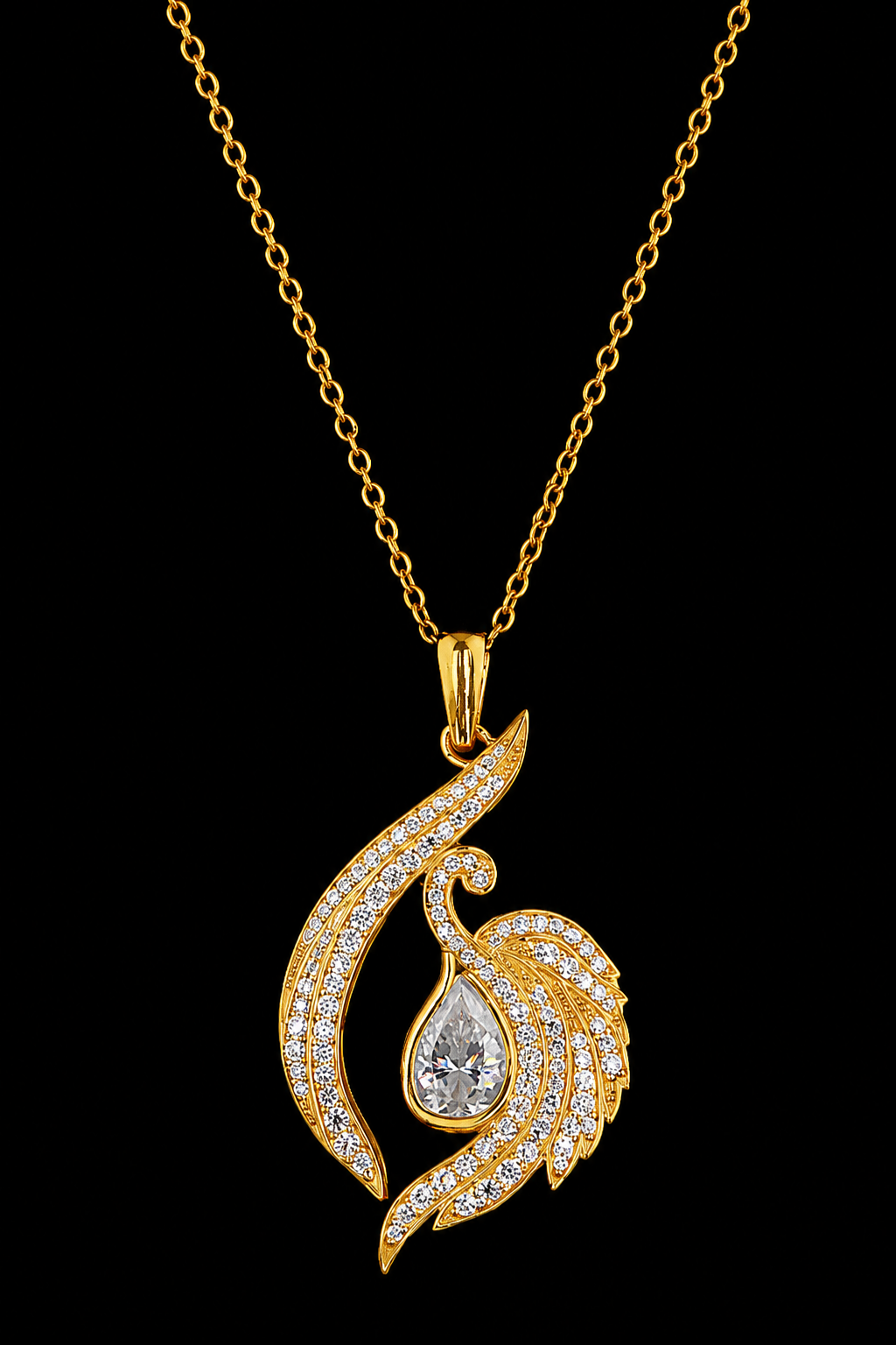 Pear Cut Diamond Swan Pendant Necklace | 18K Yellow Gold Elegant Jewelry