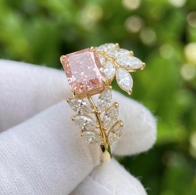 2 CT Radiant Cut Pink Lab Grown Diamond Engagement Ring | IGI Certified | Marquise Leaf Branch Ring | Nature Inspired Toi Et Moi Bypass Ring