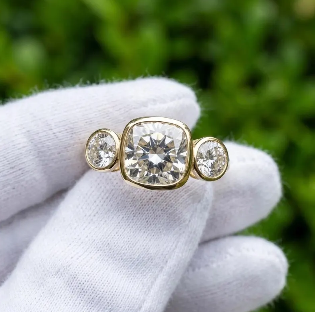 3CTW Carat Cushion Cut E VVS2/VS1 Lab Grown Diamond 3 Stone Ring | IGI Certified 2.00 Center | Bezel Set Engagement Ring | Gold Bridal Ring