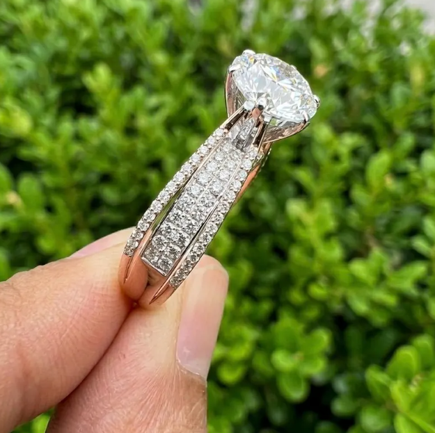 3CT Round E VVS2/VS1 Lab Grown Diamond Engagement Ring, 14K Two Tone Gold Triple Row Split Shank Ring, IGI Certified Diamond Ring
