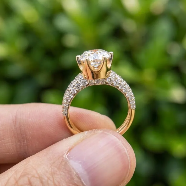 2CT E VVS2/VS1 Round Lab Grown Diamond Engagement Ring | IGI Certified Gold Pave Band | Hidden Halo Diamond Ring | Bridal Ring