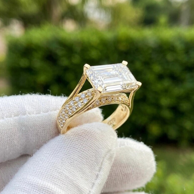 Emerald Cut E VVS2/VS1 Lab Grown Diamond Engagement Ring, 2ct - 4ct IGI Certified Lab Diamond, Floating Solitaire Pave Band