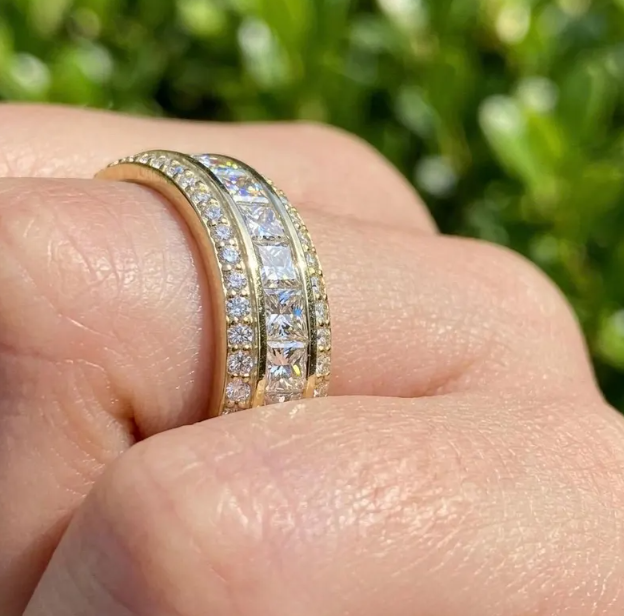 Luxury 7MM width Princess Cut Lab Grown Diamond Eternity Band, 3/4 Triple Row Diamond Wedding Ring, Channel Set Gold Anniversary Band
