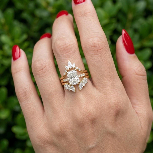 3 Ring Radiant Cut E VVS2/VS1 LabGrown Diamond Bridal Set | IGI Certified 3CT Radiant Engagement Ring Set | Crown Marquise Wedding Band