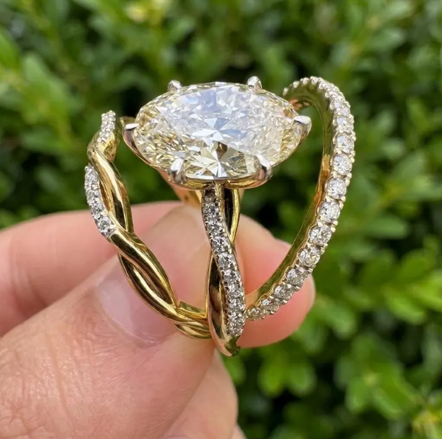 3 Ring Bridal Set with 3 CT Oval E VVS2/VS1 IGI Certified Lab Grown Diamond | Gold Twisted Engagement Ring with Matching Wedding Bands
