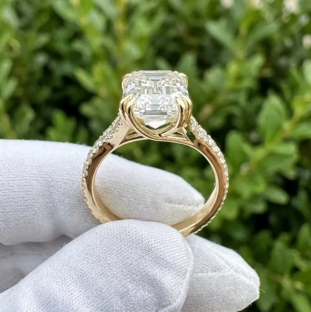 E VVS2/VS1 IGI Certified Emerald Cut LabGrown Diamond Engagement Ring | 1CT to 4CT Emerald Diamond Ring | Vintage Inspired Pave Diamond Ring