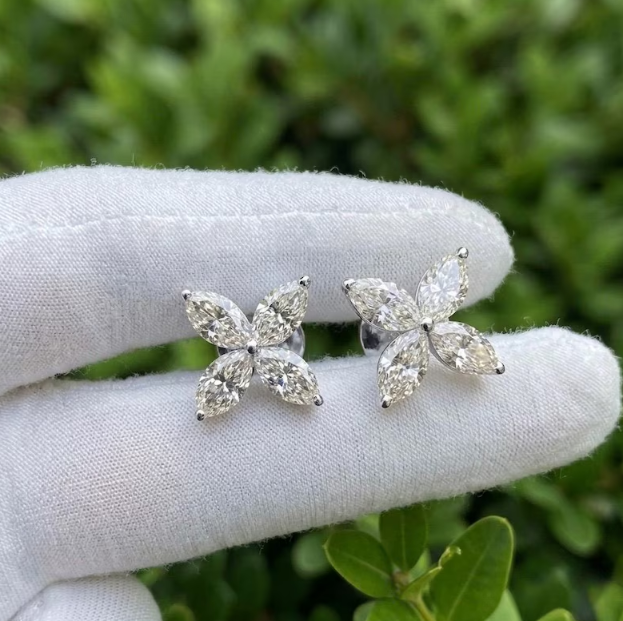 6CTW Lab Grown Diamond E VVS2/VS1 Marquise Flower Pendant Necklace & Stud Earrings Set | 1.5mm Chain | Elegant Floral Diamond Jewelry Set