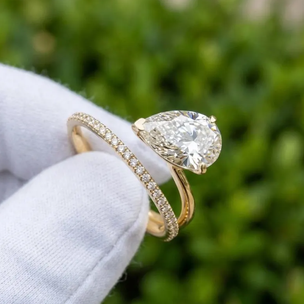 2-3 CT IGI Certified E VVS2/VS1 Pear Shape Lab Grown Diamond Engagement Ring | Bypass Pavé Band | 10k 14k 18k Gold or Platinum or silver