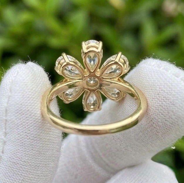3 TCW Lab Grown Diamond Flower Engagement Ring E VVS2/VS1 - Unique Pear Cut Diamond Petal Ring - Vintage Inspired Cluster Ring