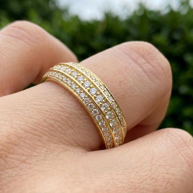 6mm Wide Gold Pave Band, Triple Row Micro Pave Ring, Chunky Labgrown Diamond Wedding Band, Heavy Gold Statement Ring, Gold Multi Row Ring
