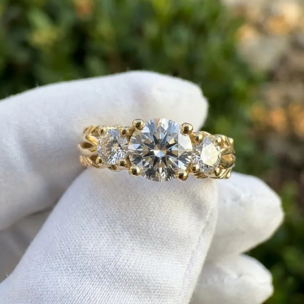 2.30 TCW Round Brilliant Lab Grown Diamond Ring, Three Stone Yellow Gold Engagement Ring, Vintage Ornate Filigree Band, Trilogy Diamond Ring
