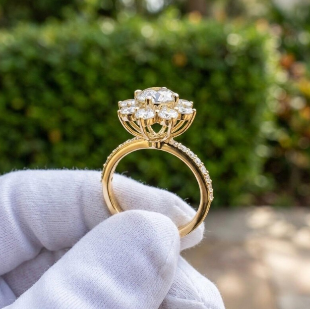 3 CTW Round E VVS2/VS1 Lab Grown Diamond Floral Halo Ring, IGI Certified Diamond Engagement Ring, Flower Cluster Ring, Vintage Bridal Ring