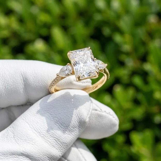 3 CT Radiant Cut E VVS2/VS1 Lab Grown Diamond Engagement Ring, IGI Certified Radiant Diamond Ring, Pear Side Stone Ring, Three Stone Ring