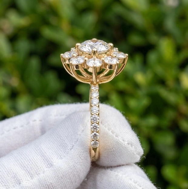 3 CTW Round E VVS2/VS1 Lab Grown Diamond Floral Halo Ring, IGI Certified Diamond Engagement Ring, Flower Cluster Ring, Vintage Bridal Ring