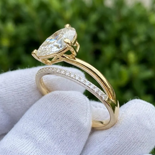 2-3 CT IGI Certified E VVS2/VS1 Pear Shape Lab Grown Diamond Engagement Ring | Bypass Pavé Band | 10k 14k 18k Gold or Platinum or silver