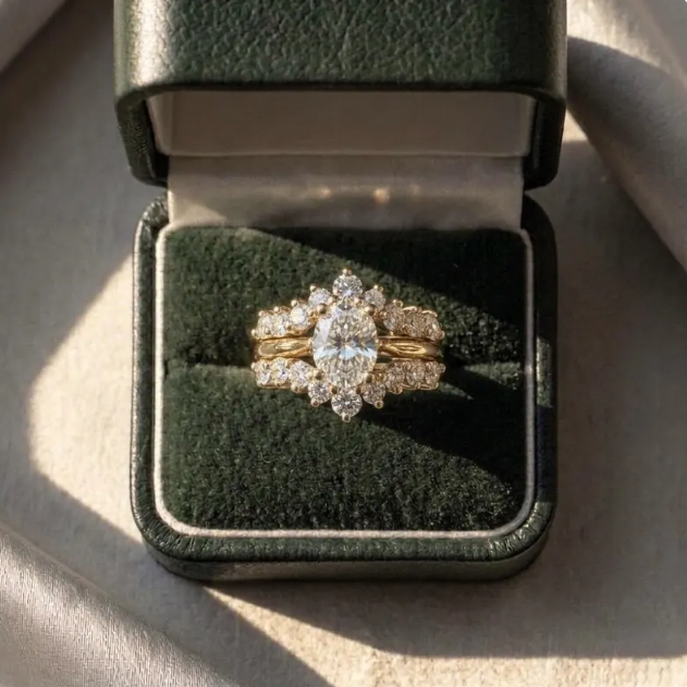 2 CT Oval E-VVS2 Lab Grown Diamond Engagement Ring Set | IGI Certified | 14K Yellow Gold Double Sunburst Ring Guard | Unique Oval Bridal Set