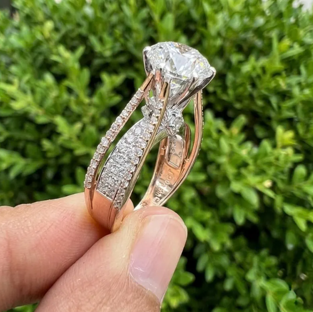 3CT Round E VVS2/VS1 Lab Grown Diamond Engagement Ring, 14K Two Tone Gold Triple Row Split Shank Ring, IGI Certified Diamond Ring