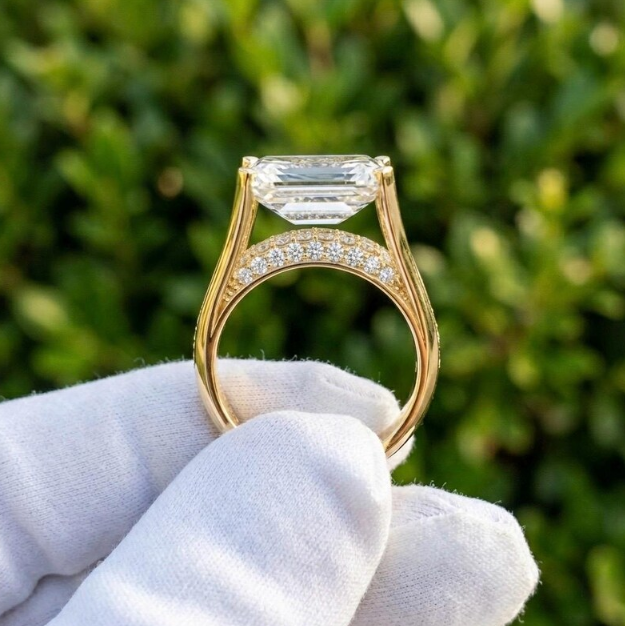 Emerald Cut E VVS2/VS1 Lab Grown Diamond Engagement Ring, 2ct - 4ct IGI Certified Lab Diamond, Floating Solitaire Pave Band