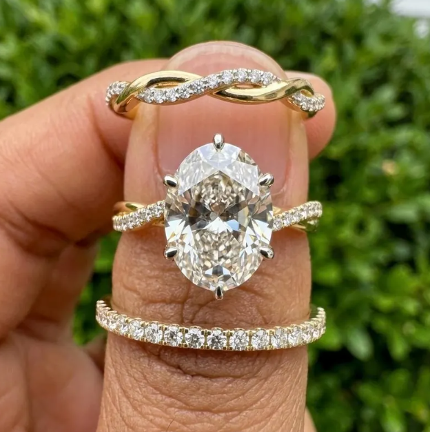 3 Ring Bridal Set with 3 CT Oval E VVS2/VS1 IGI Certified Lab Grown Diamond | Gold Twisted Engagement Ring with Matching Wedding Bands