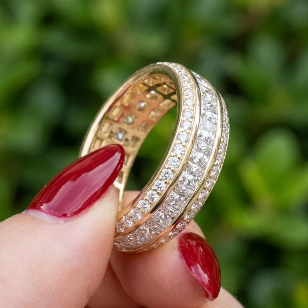 Luxury 7MM width Princess Cut Lab Grown Diamond Eternity Band, 3/4 Triple Row Diamond Wedding Ring, Channel Set Gold Anniversary Band