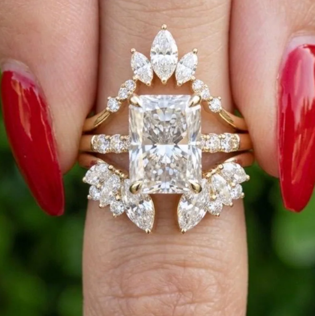 3 Ring Radiant Cut E VVS2/VS1 LabGrown Diamond Bridal Set | IGI Certified 3CT Radiant Engagement Ring Set | Crown Marquise Wedding Band